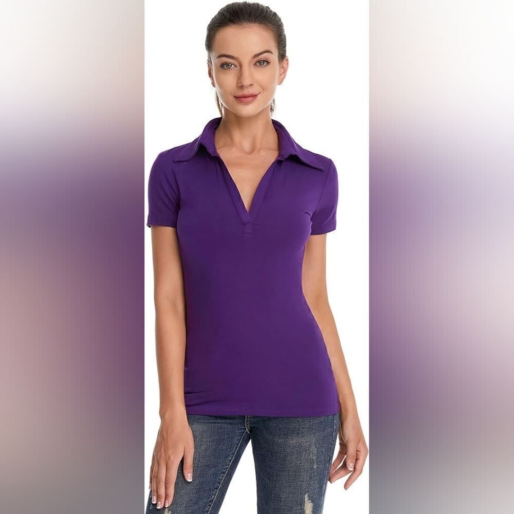 AmélieBoutik Women Collared V Neck Short Sleeve Polo Shirt Purple S